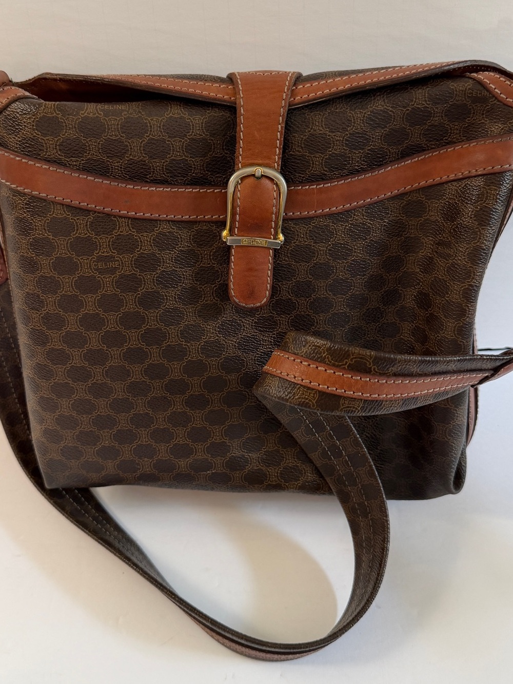 Vintage Celine Macadam Brown Coated Canvas & Tan Leather Crossbody Bag